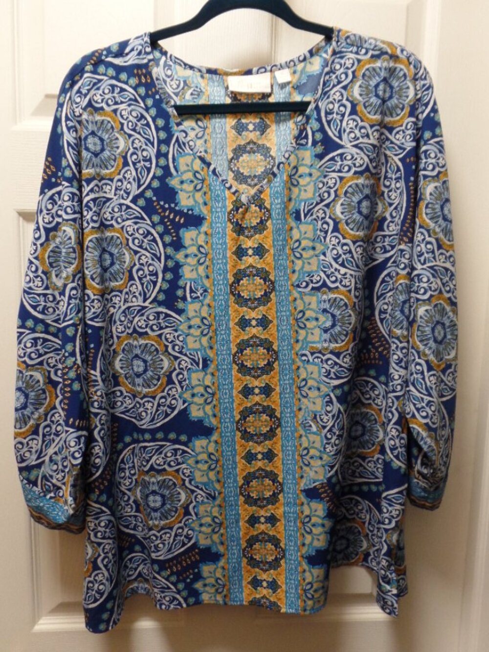EUC Belle by Kim Gravel XL 18 20 Blue Gold Orange Medallion Ruched-Sleeve Blouse